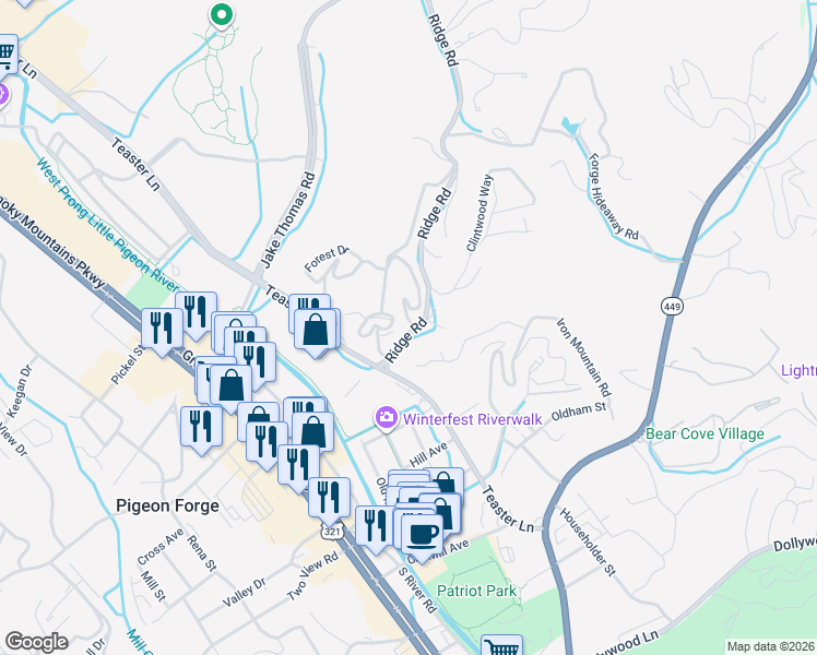 map of restaurants, bars, coffee shops, grocery stores, and more near 2574 Ridge Road in Pigeon Forge