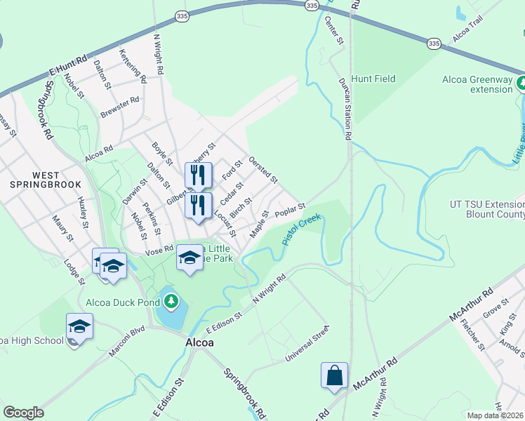 map of restaurants, bars, coffee shops, grocery stores, and more near 931 Maple Street in Alcoa