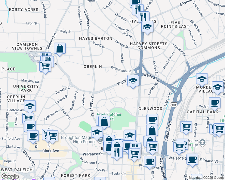 map of restaurants, bars, coffee shops, grocery stores, and more near 1034 Brighthurst Drive in Raleigh