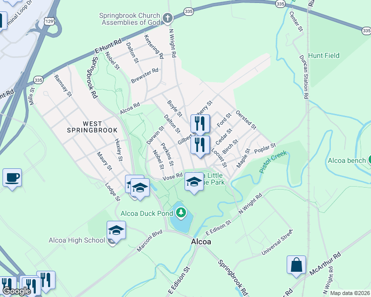 map of restaurants, bars, coffee shops, grocery stores, and more near 1352 Dalton Street in Alcoa
