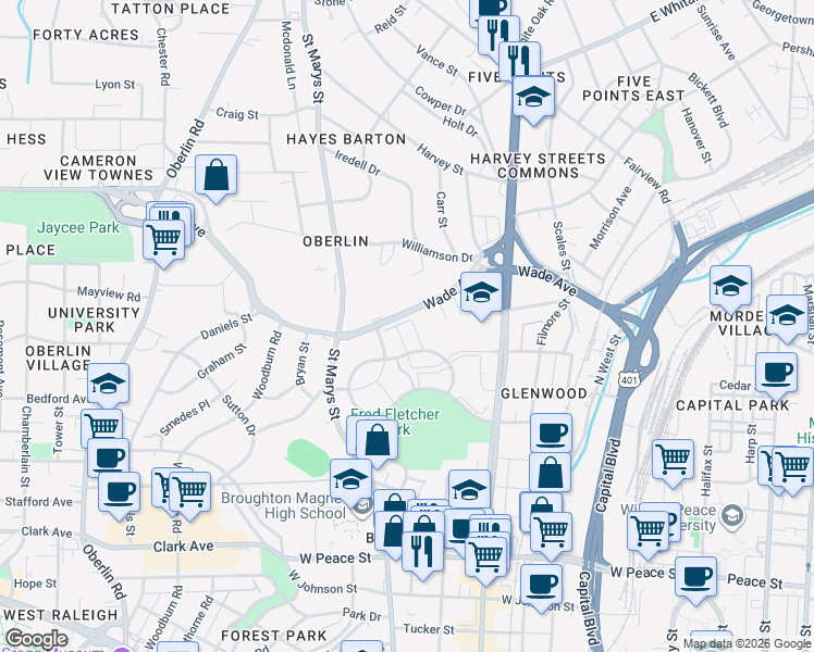 map of restaurants, bars, coffee shops, grocery stores, and more near 1034 Brighthurst Drive in Raleigh