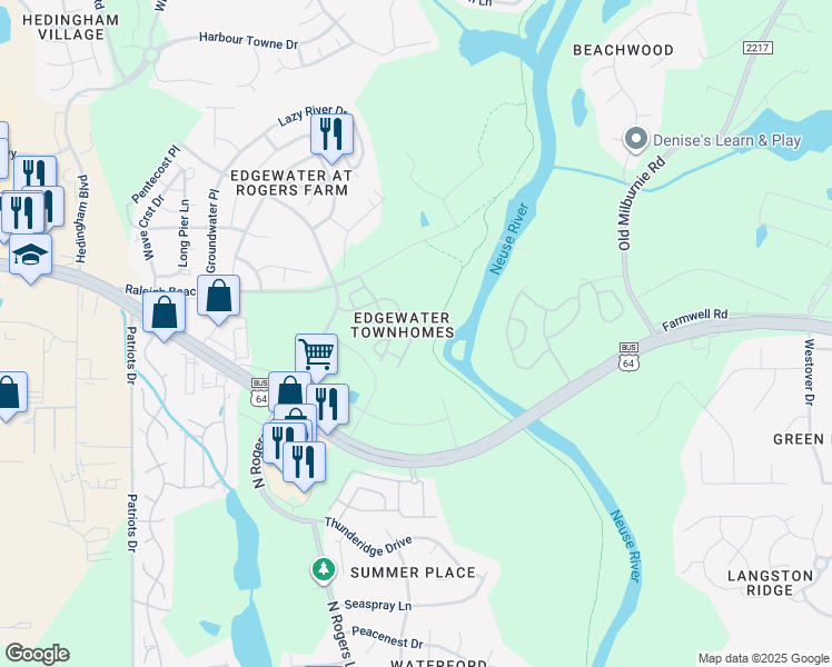 map of restaurants, bars, coffee shops, grocery stores, and more near 5405 Big Bass Drive in Raleigh