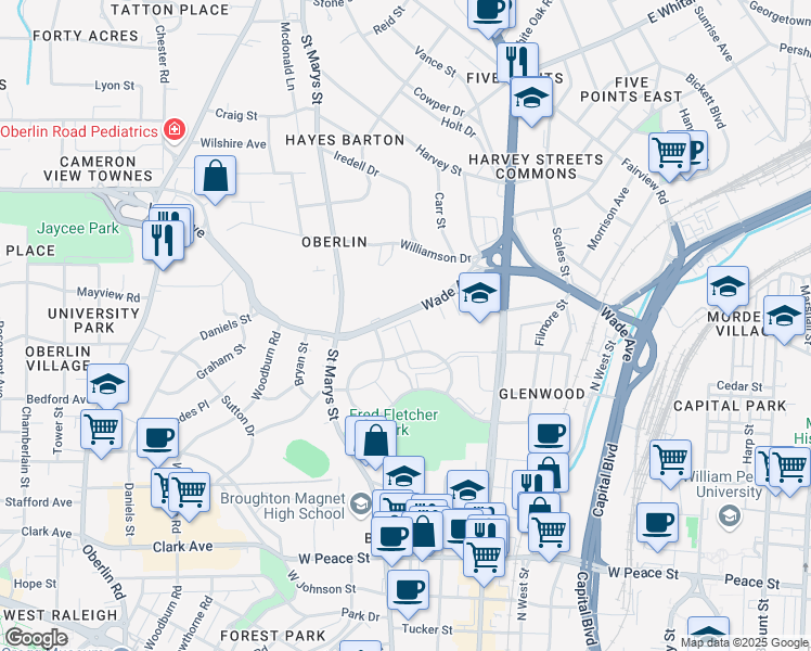 map of restaurants, bars, coffee shops, grocery stores, and more near 1056 Brighthurst Dr in Raleigh