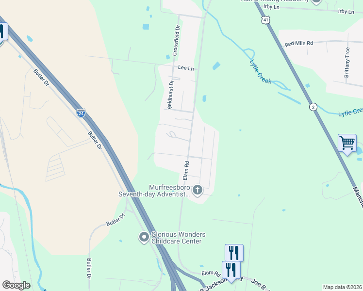 map of restaurants, bars, coffee shops, grocery stores, and more near 2143 Strickland Drive in Murfreesboro