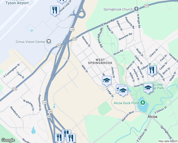 map of restaurants, bars, coffee shops, grocery stores, and more near 1636 Mills Street in Alcoa