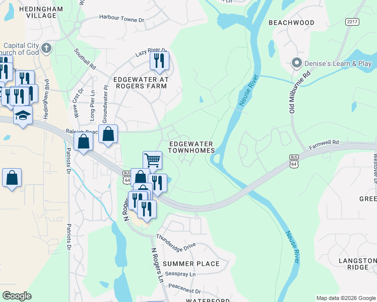 map of restaurants, bars, coffee shops, grocery stores, and more near 1933 Grassy Banks Drive in Raleigh