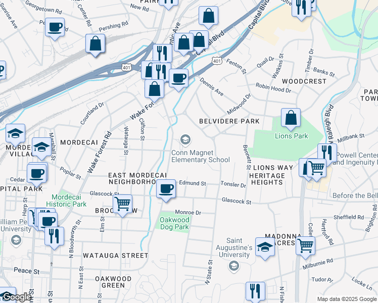 map of restaurants, bars, coffee shops, grocery stores, and more near 1220 Brookside Dr in Raleigh
