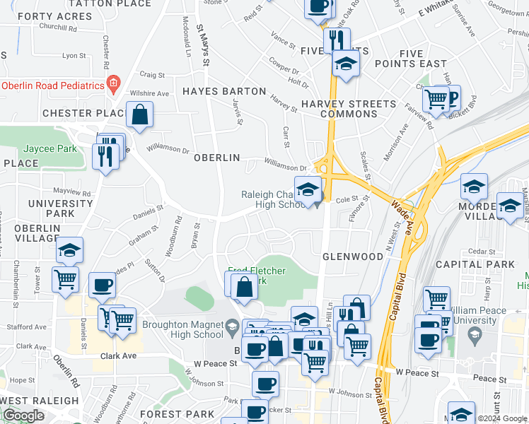 map of restaurants, bars, coffee shops, grocery stores, and more near 1034 Brighthurst Drive in Raleigh