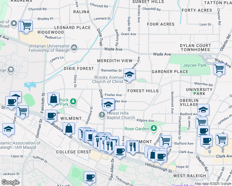 map of restaurants, bars, coffee shops, grocery stores, and more near 2808 Fowler Avenue in Raleigh