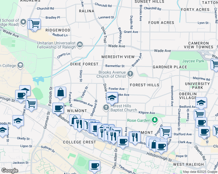 map of restaurants, bars, coffee shops, grocery stores, and more near 2820 Fowler Avenue in Raleigh