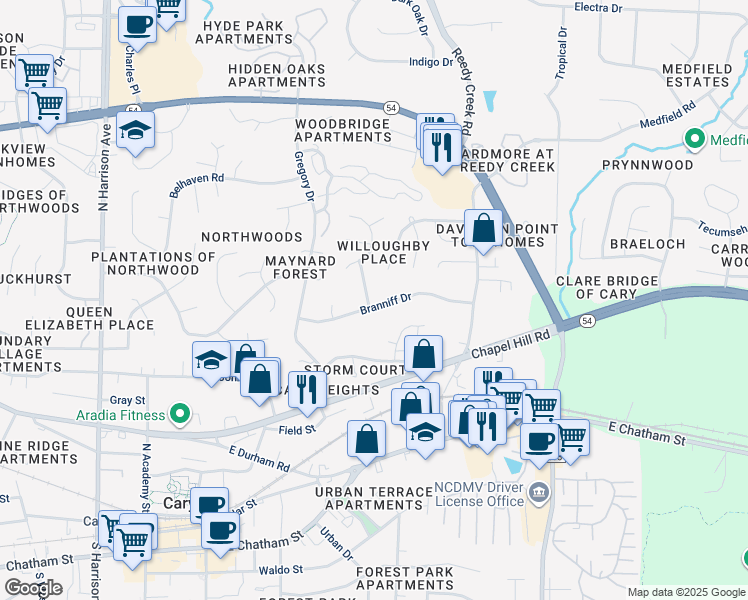 map of restaurants, bars, coffee shops, grocery stores, and more near 707 Branniff Drive in Cary