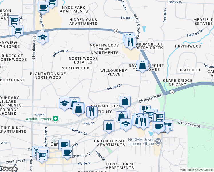 map of restaurants, bars, coffee shops, grocery stores, and more near 629 Branniff Drive in Cary