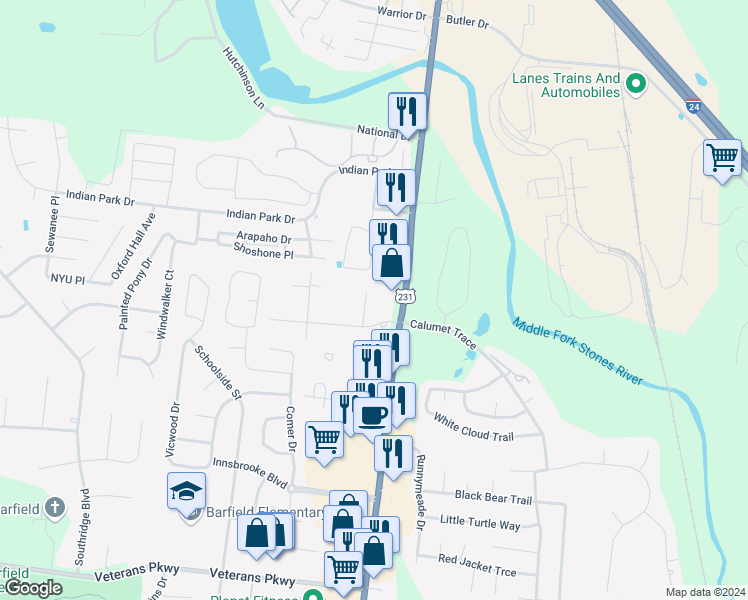 map of restaurants, bars, coffee shops, grocery stores, and more near 2571 Dixon Court in Murfreesboro