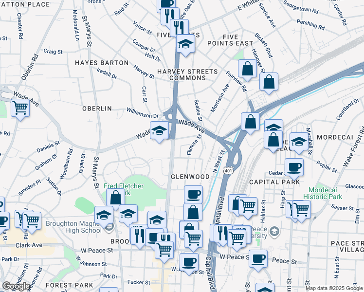 map of restaurants, bars, coffee shops, grocery stores, and more near 511 Hamilton Cottage Way in Raleigh