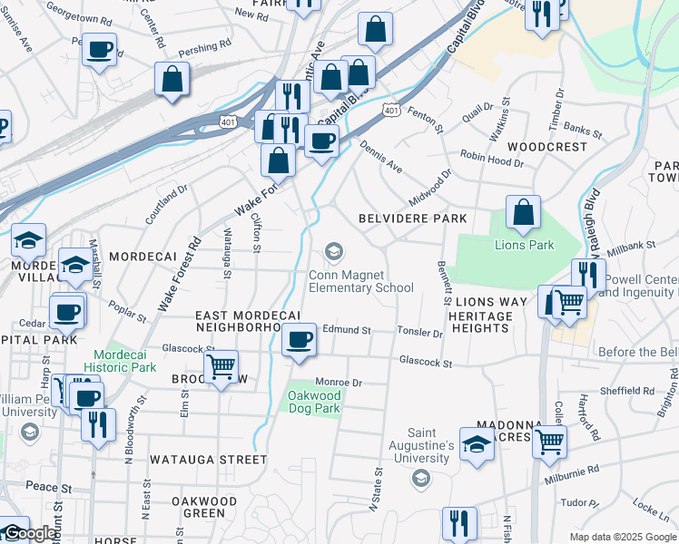 map of restaurants, bars, coffee shops, grocery stores, and more near 1220 Brookside Drive in Raleigh