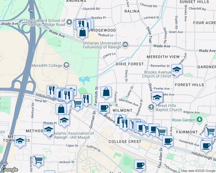 map of restaurants, bars, coffee shops, grocery stores, and more near 124 Montgomery Street in Raleigh