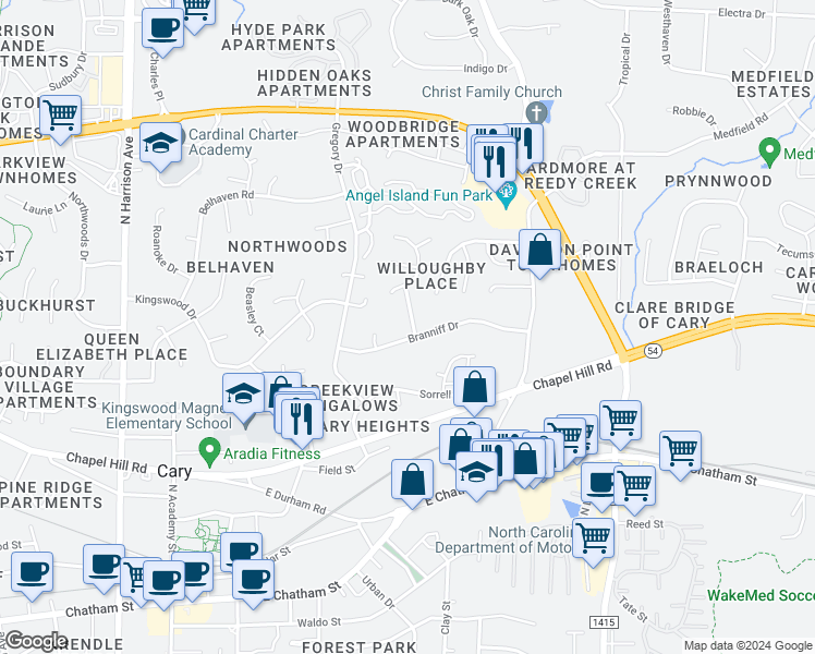 map of restaurants, bars, coffee shops, grocery stores, and more near 101 Chevis Drive in Cary