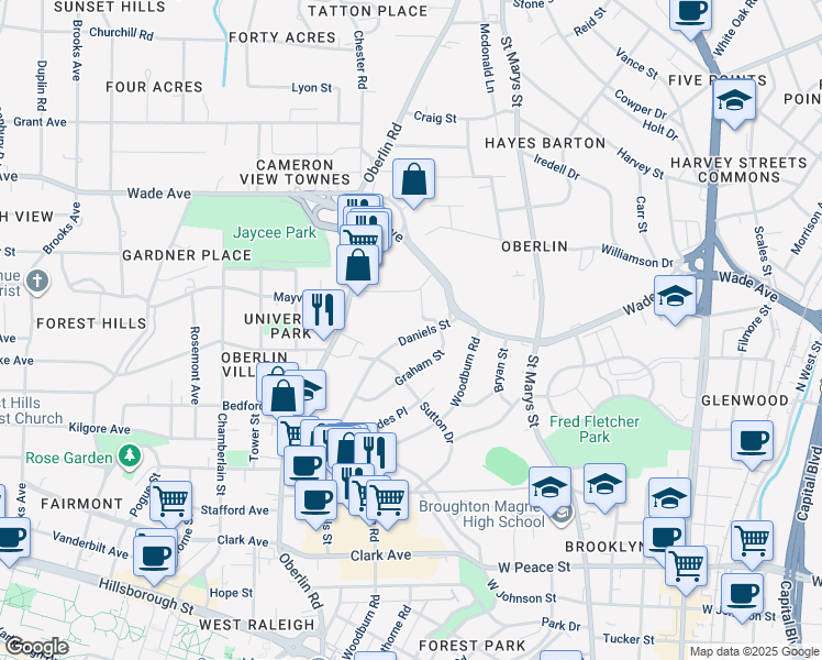 map of restaurants, bars, coffee shops, grocery stores, and more near 833 Daniels Street in Raleigh