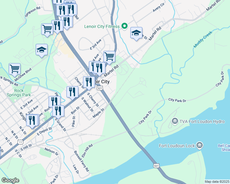 map of restaurants, bars, coffee shops, grocery stores, and more near 1246 Bell Avenue East in Lenoir City