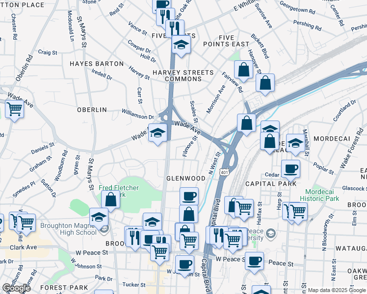 map of restaurants, bars, coffee shops, grocery stores, and more near 501 Hamilton Cottage Way in Raleigh