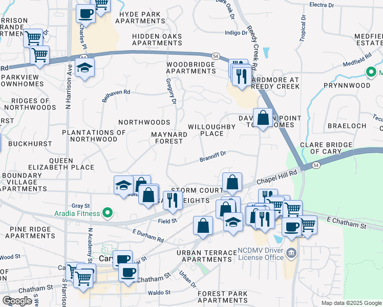 map of restaurants, bars, coffee shops, grocery stores, and more near 104 Misty Court in Cary