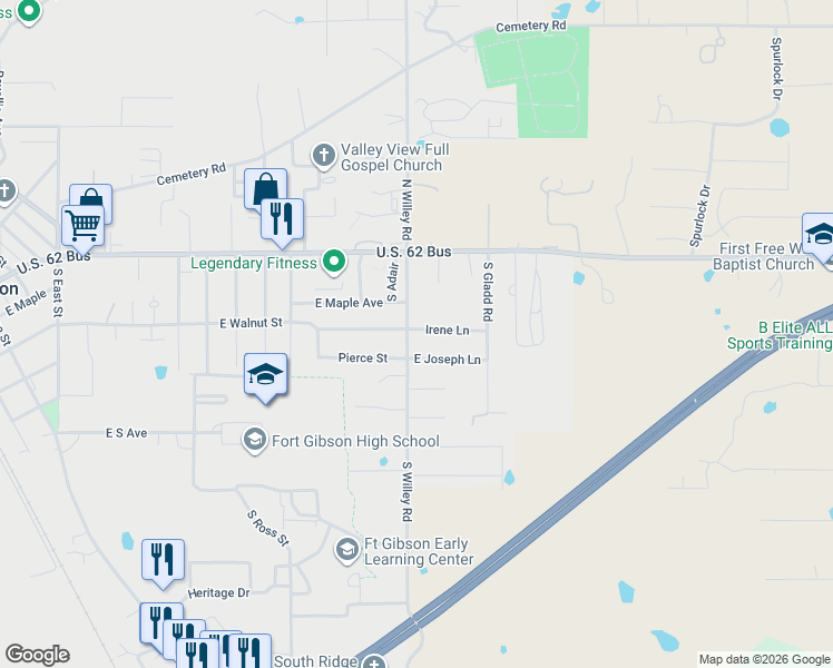 map of restaurants, bars, coffee shops, grocery stores, and more near 1401 Irene Lane in Fort Gibson