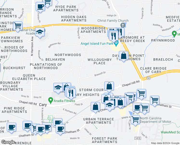 map of restaurants, bars, coffee shops, grocery stores, and more near 104 Misty Court in Cary