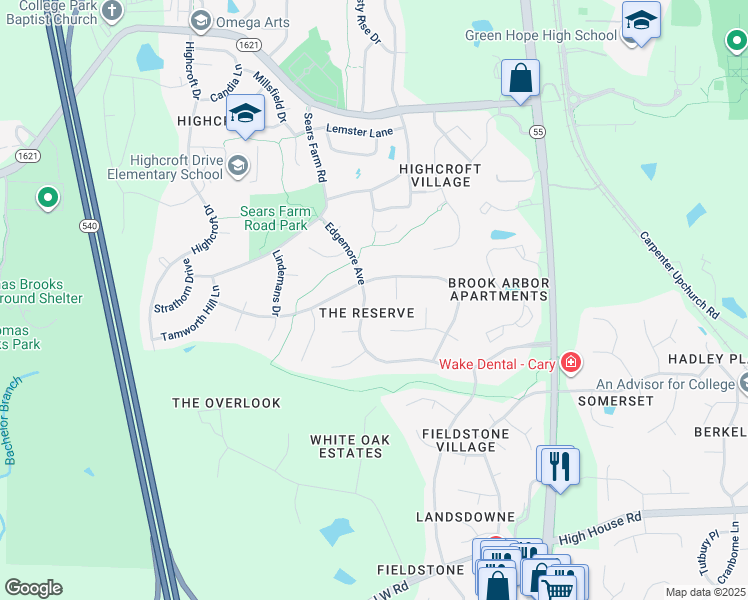 map of restaurants, bars, coffee shops, grocery stores, and more near 508 Edgemore Avenue in Cary