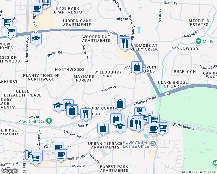 map of restaurants, bars, coffee shops, grocery stores, and more near 707 Branniff Drive in Cary