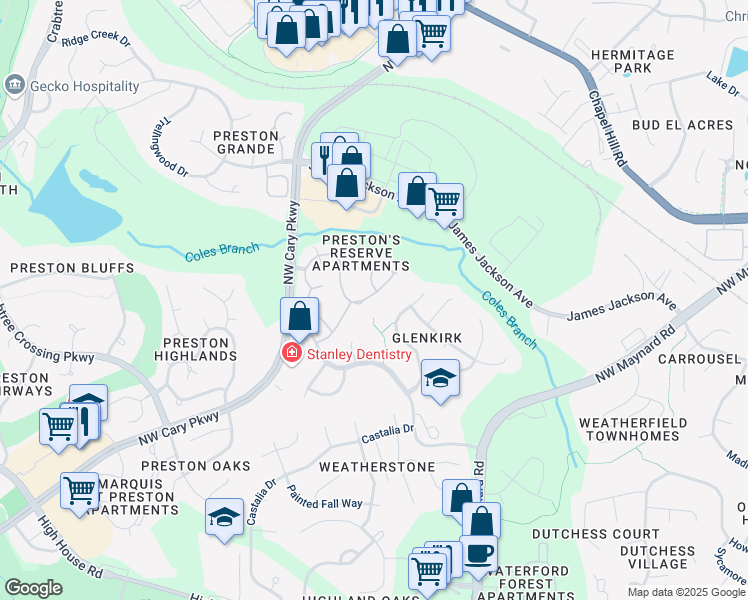 map of restaurants, bars, coffee shops, grocery stores, and more near 1031 Berwick Valley Lane in Cary