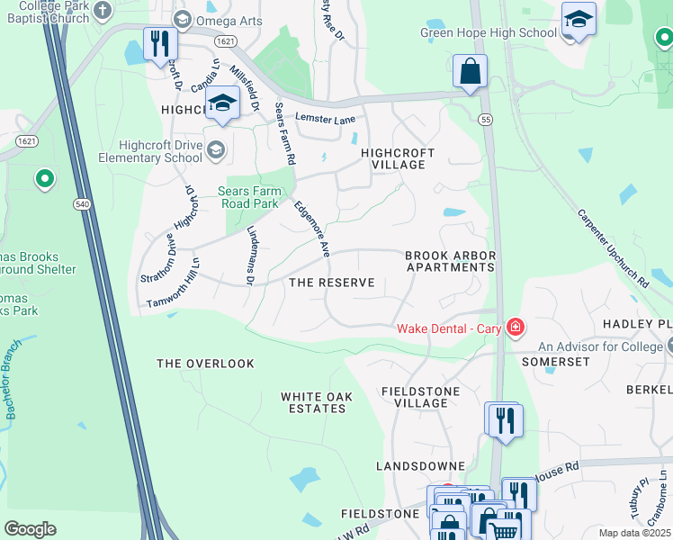 map of restaurants, bars, coffee shops, grocery stores, and more near 508 Edgemore Avenue in Cary