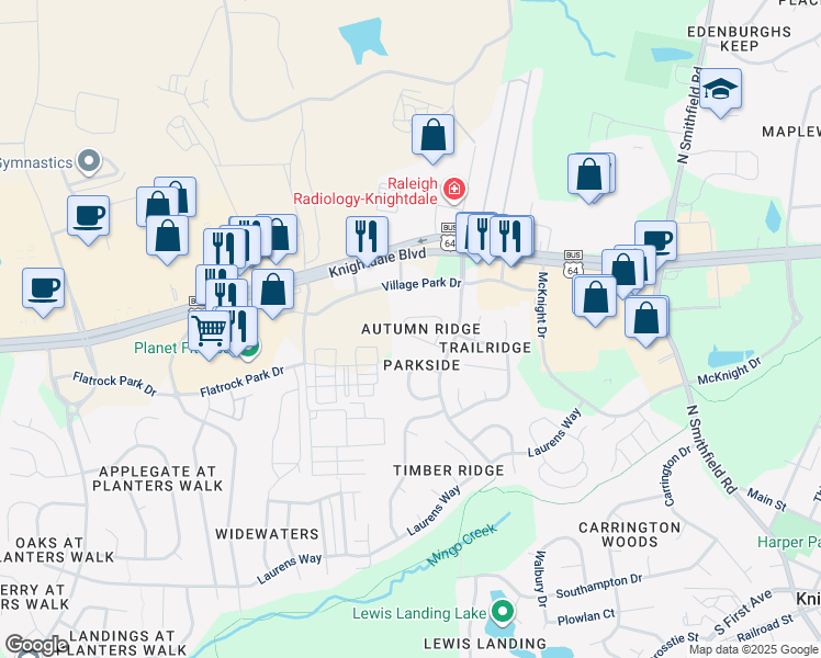 map of restaurants, bars, coffee shops, grocery stores, and more near 112 Autumn Ridge Drive in Knightdale