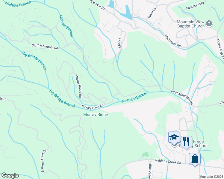 map of restaurants, bars, coffee shops, grocery stores, and more near 1802 Bluff Mountain Road in Sevierville