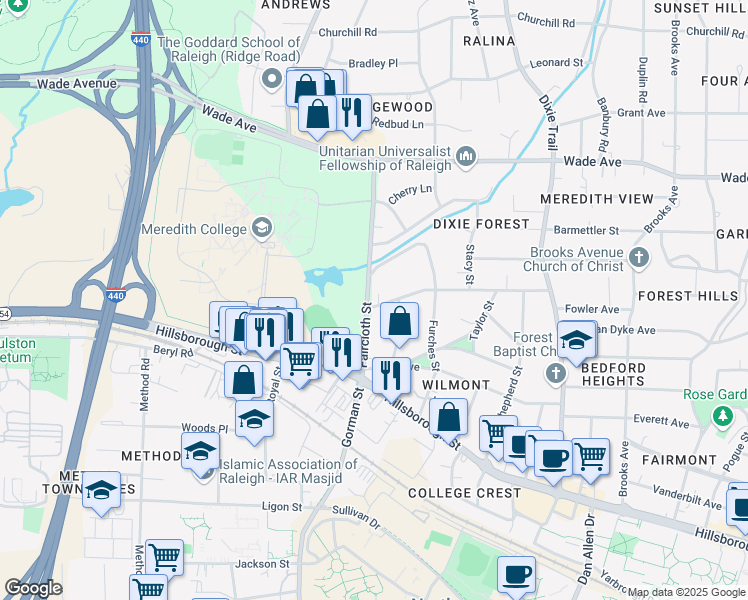 map of restaurants, bars, coffee shops, grocery stores, and more near 204 Faircloth Street in Raleigh