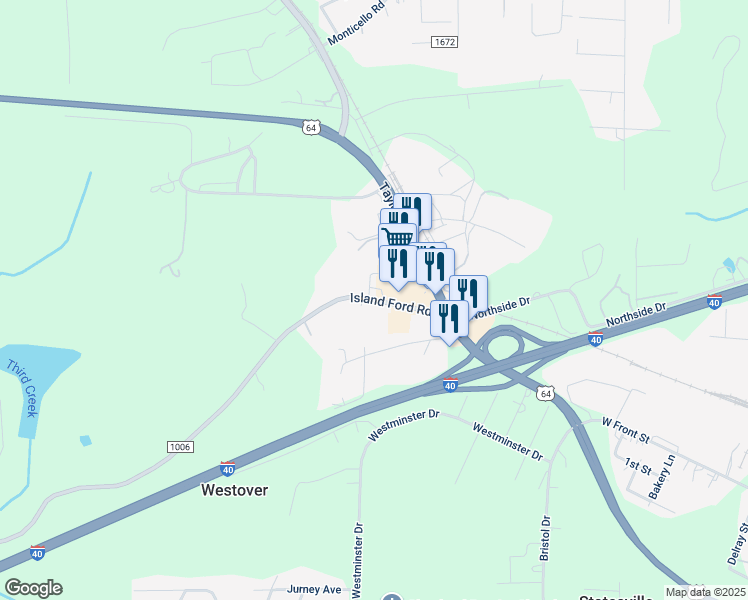 map of restaurants, bars, coffee shops, grocery stores, and more near 206 Island Ford Road in Statesville