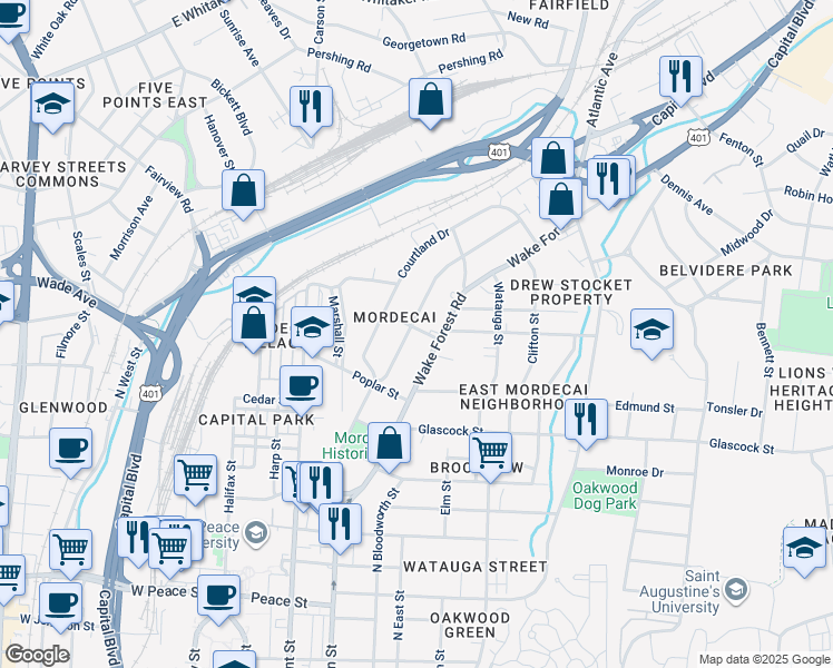 map of restaurants, bars, coffee shops, grocery stores, and more near in Raleigh
