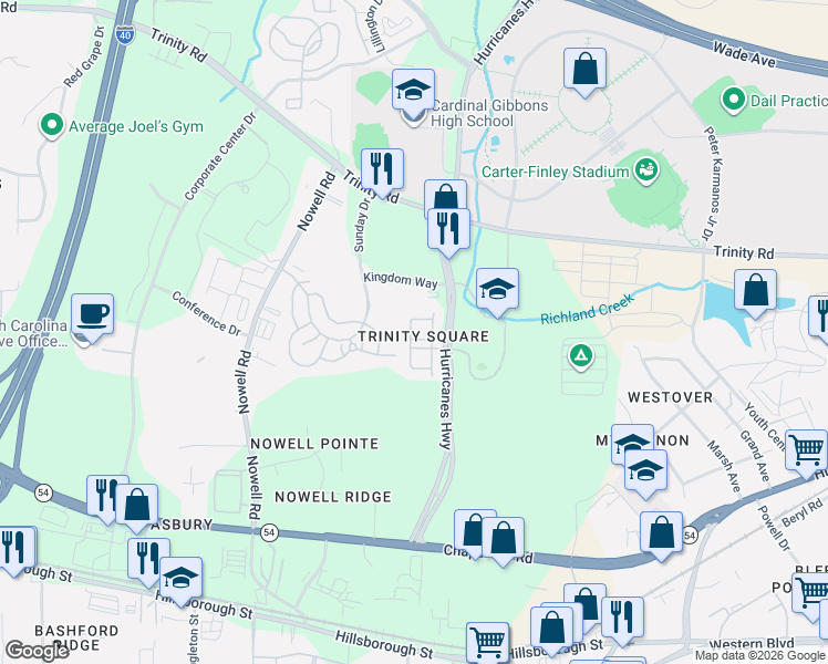 map of restaurants, bars, coffee shops, grocery stores, and more near 1105 Lake Moraine Place in Raleigh