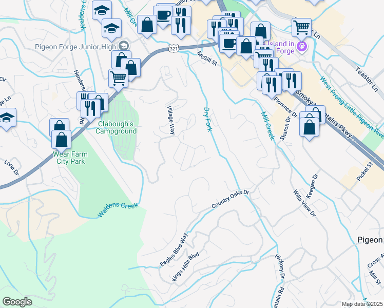 map of restaurants, bars, coffee shops, grocery stores, and more near 2886 Sequoia Road in Pigeon Forge
