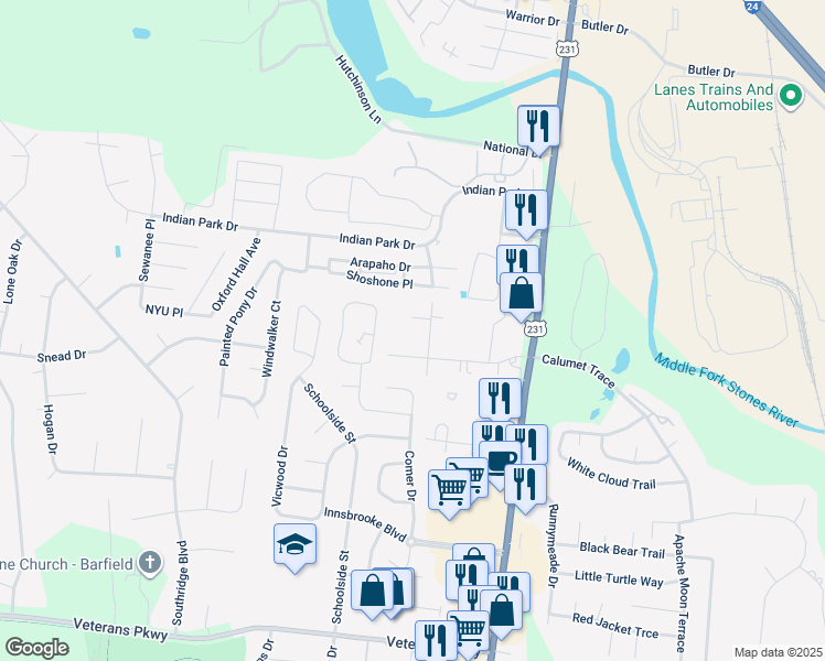 map of restaurants, bars, coffee shops, grocery stores, and more near 360 Creekwood Court in Murfreesboro