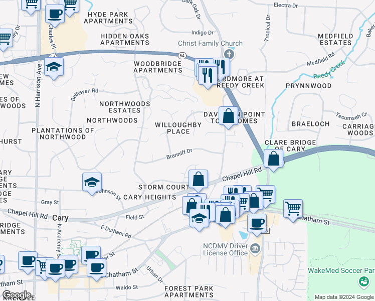 map of restaurants, bars, coffee shops, grocery stores, and more near 715 Branniff Drive in Cary