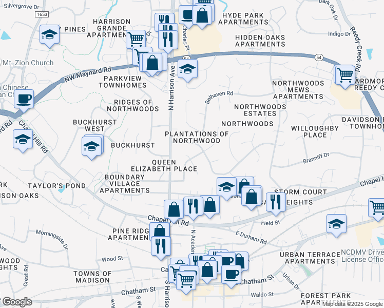 map of restaurants, bars, coffee shops, grocery stores, and more near 719 Northampton Drive in Cary