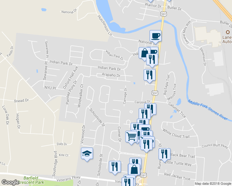map of restaurants, bars, coffee shops, grocery stores, and more near 360 Creekwood Court in Murfreesboro
