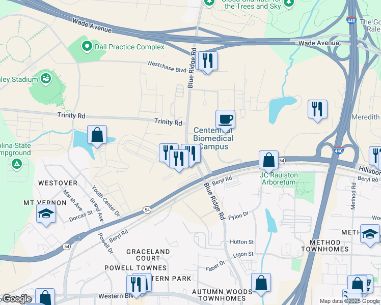 map of restaurants, bars, coffee shops, grocery stores, and more near Blue Ridge Rd in Wake