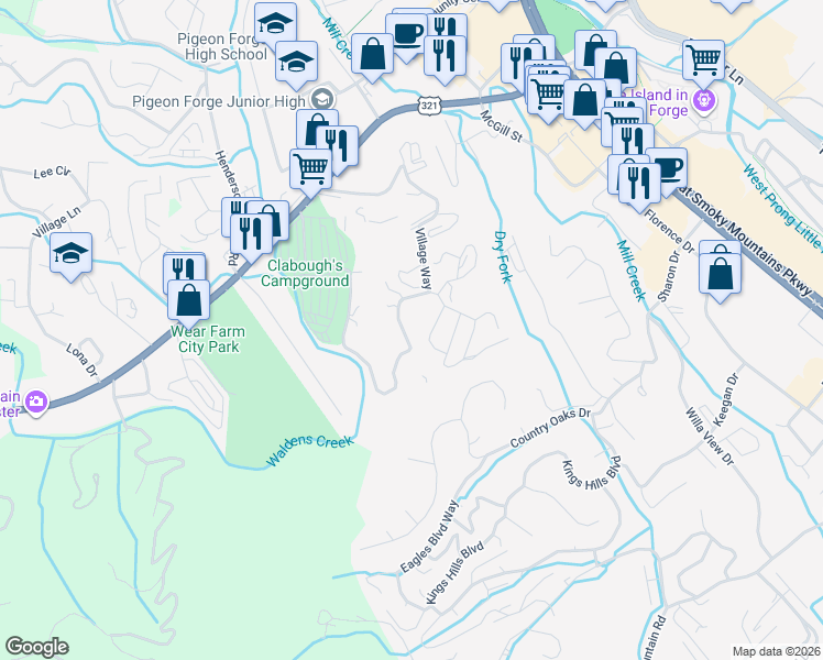 map of restaurants, bars, coffee shops, grocery stores, and more near 2829 Sequoia Road in Pigeon Forge