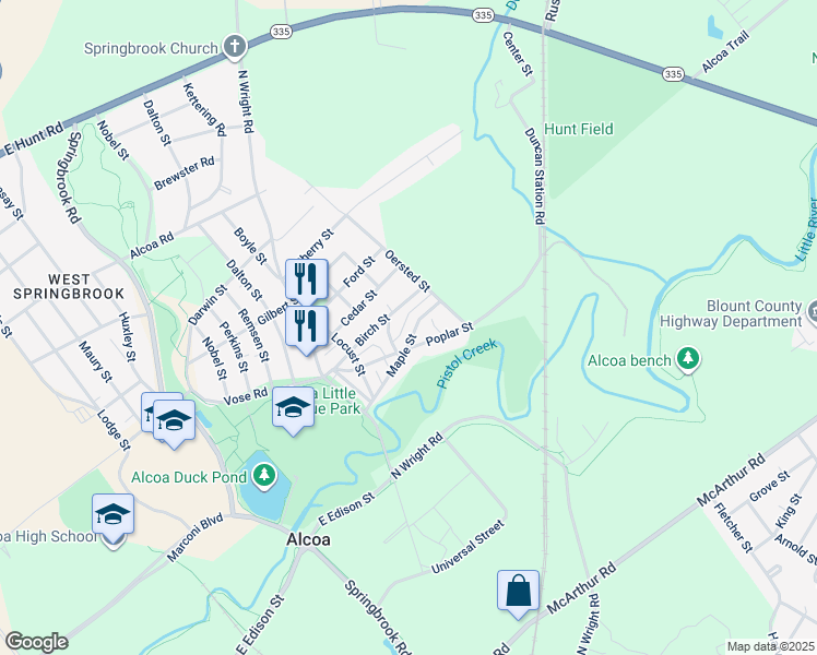 map of restaurants, bars, coffee shops, grocery stores, and more near 939 Maple Street in Alcoa