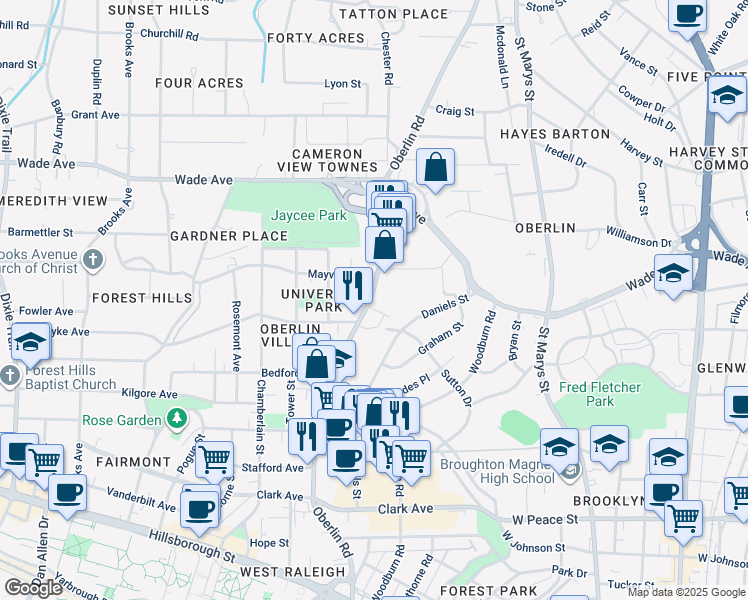 map of restaurants, bars, coffee shops, grocery stores, and more near 1002 Oberlin Road in Raleigh