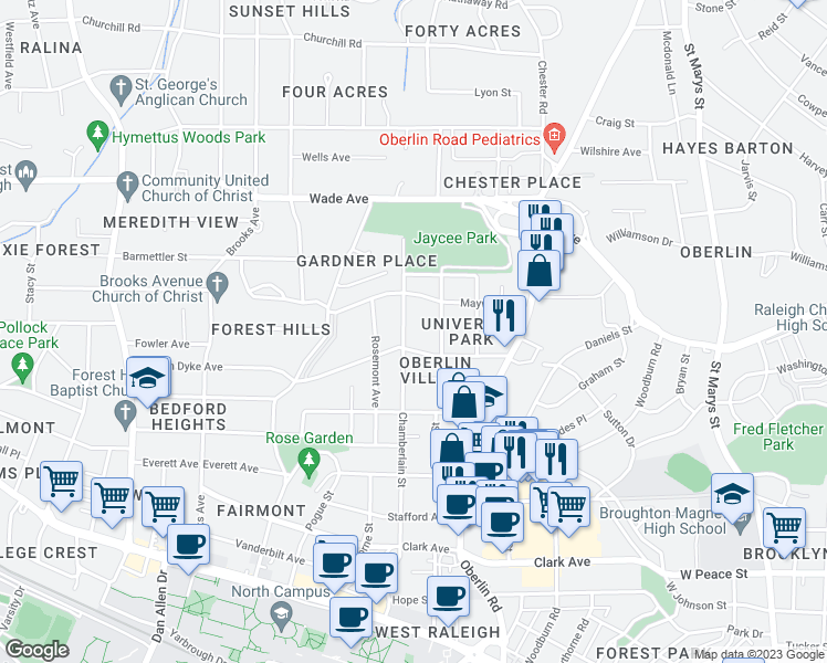 map of restaurants, bars, coffee shops, grocery stores, and more near 802 Chamberlain Street in Raleigh