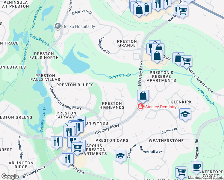 map of restaurants, bars, coffee shops, grocery stores, and more near 307 Promontory Point Drive in Cary
