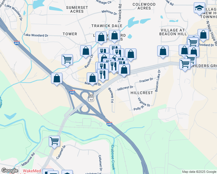 map of restaurants, bars, coffee shops, grocery stores, and more near 3600 New Bern Avenue in Raleigh