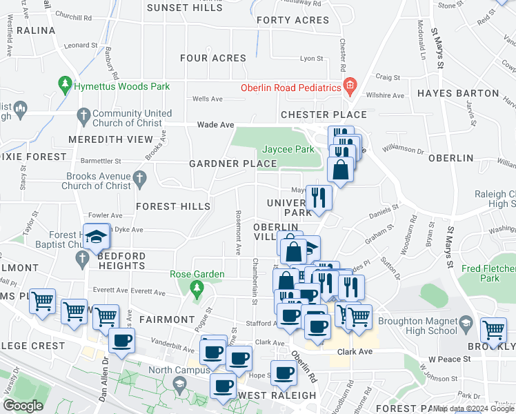 map of restaurants, bars, coffee shops, grocery stores, and more near 808 Chamberlain Street in Raleigh
